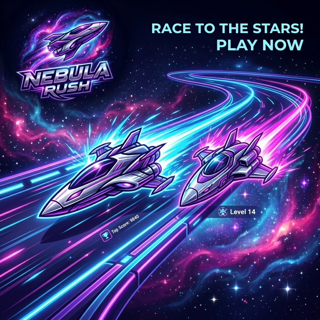 Deux vaisseaux futuristes en pleine course sur une piste néon dans une nébuleuse violette et cyan