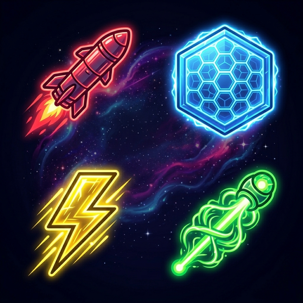 Objets de course Nébula Rush : fusée boost, bouclier hexagonal, éclair vitesse et rayon énergie